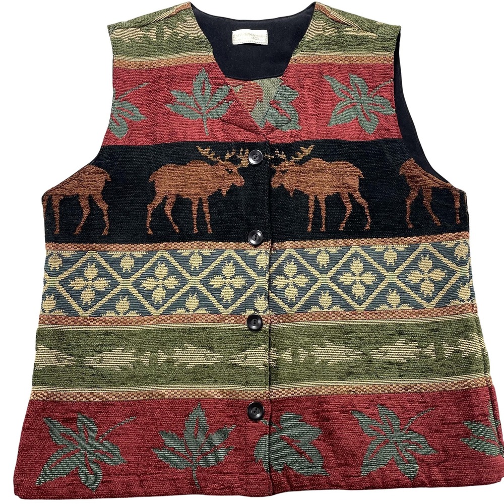 Coldwater Creek Sweater Vest Womens Large Multicolor Moose Leaf Knit Lined